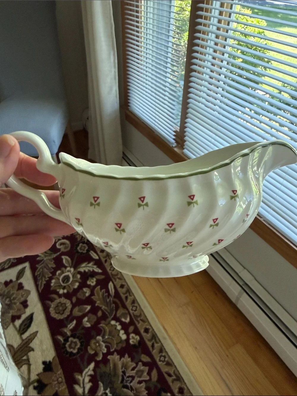 Laura Ashley thistle Gravy Boat with Green Rim Small Pink Floral Motif England